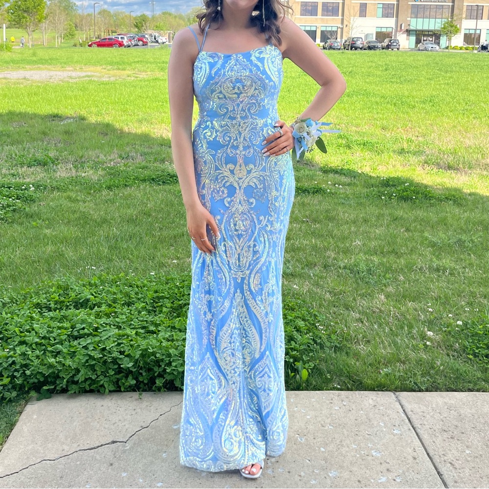 Windsor Light Blue Camilla Formal Sequin Lace-Up Mermaid Dress